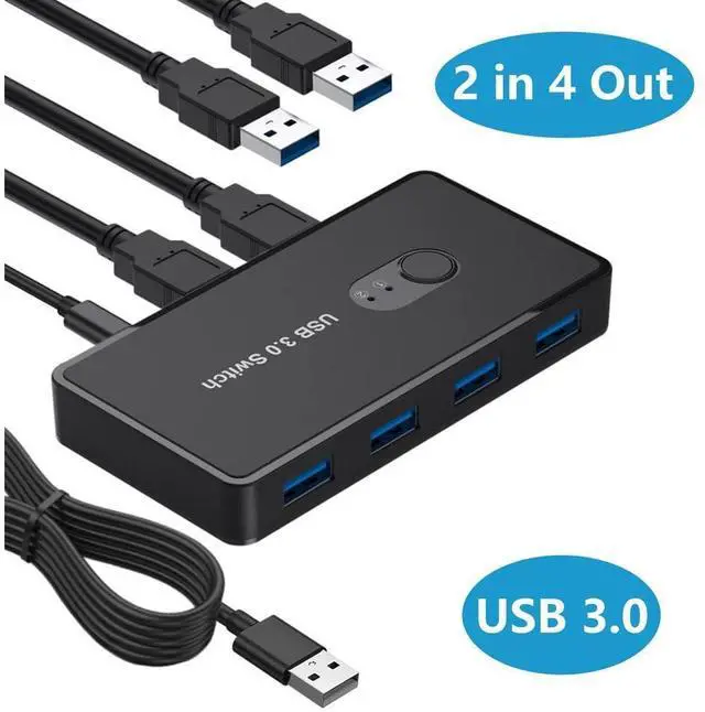 Main image of USB 3.0 Switch 2 in 4 Out, USB Switcher Selector 2 Computers Sharing 4 USB 3.0 Ports, KM Switcher Box with 2 Pack USB Cable for PC, Printer, Scanner, Mouse, Keyboard, Compatible with Mac/Windows/Linux