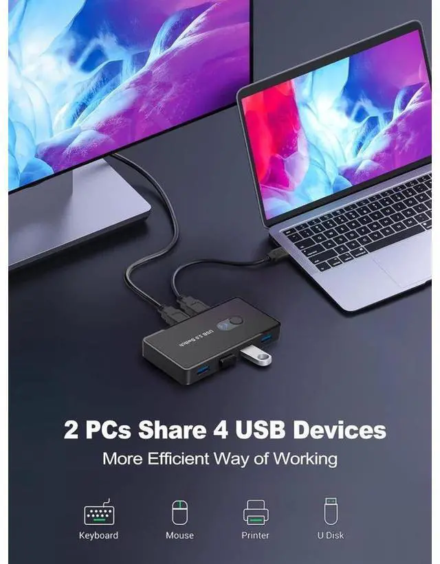 Alt view image 2 of 6 - USB 3.0 Switch 2 in 4 Out, USB Switcher Selector 2 Computers Sharing 4 USB 3.0 Ports, KM Switcher Box with 2 Pack USB Cable for PC, Printer, Scanner, Mouse, Keyboard, Compatible with Mac/Windows/Linux