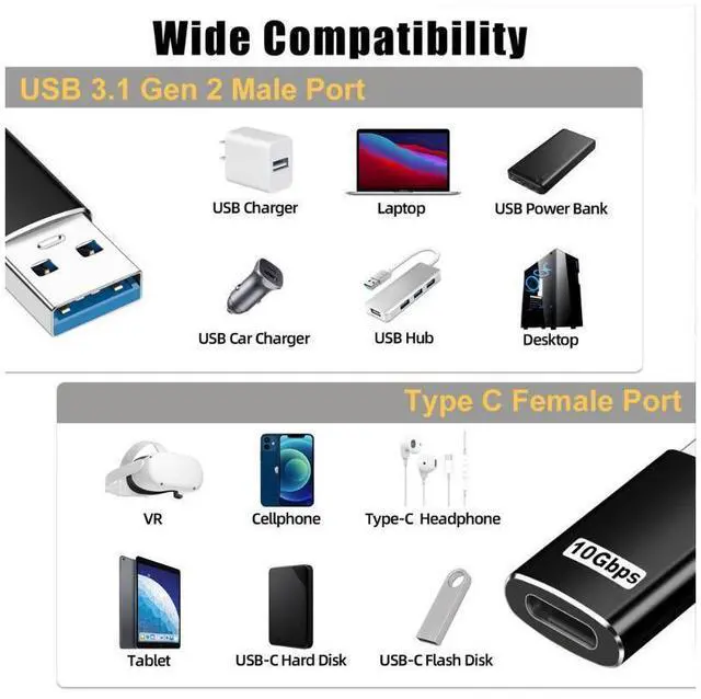 Alt view image 7 of 7 - [10Gbps] USB C Female to USB A Male Adapter [2 PACK], Double Sided 10Gbps Data Transfer Support, 3A Fast Charging, USB 3.1 Gen 2 USB A to USB C Adapter, Compatible with PC, Laptop, Charger, Power Bank