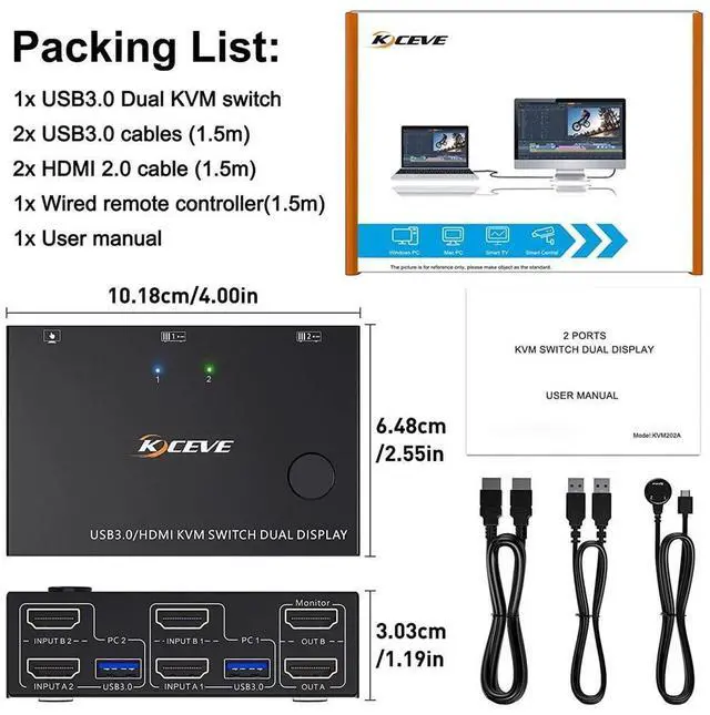 Alt view image 7 of 7 - USB 3.0 Dual Monitor KVM Switch HDMI 4K @60Hz 2K @144Hz Simulation EDID, USB HDMI Extended Display Switcher for 2 Computers Share 2 Monitors and 4 USB 3.0 Ports, Wired Remote and Cables Included