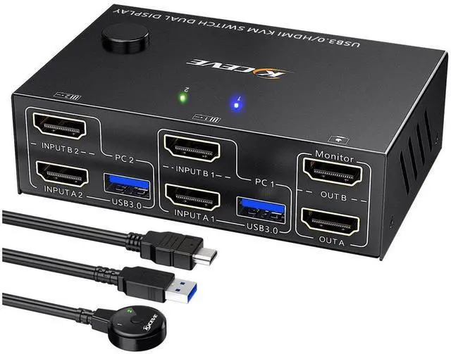 Main image of USB 3.0 Dual Monitor KVM Switch HDMI 4K @60Hz 2K @144Hz Simulation EDID, USB HDMI Extended Display Switcher for 2 Computers Share 2 Monitors and 4 USB 3.0 Ports, Wired Remote and Cables Included