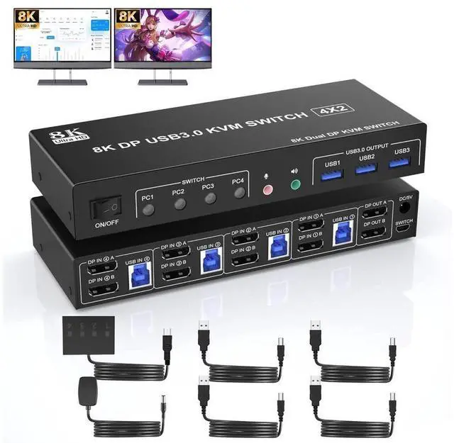 Main image of 8K@60Hz USB 3.0 Displayport KVM Switch 2 Monitors 4 Computers, Dual Monitor KVM Switch 4 in 2 Out with Audio Output and 3 USB 3.0 Ports, 4 Port Dual Monitor Displayport KVM Switch for 4 Computers