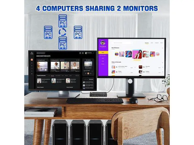 Alt view image 3 of 7 - 8K@60Hz USB 3.0 Displayport KVM Switch 2 Monitors 4 Computers, Dual Monitor KVM Switch 4 in 2 Out with Audio Output and 3 USB 3.0 Ports, 4 Port Dual Monitor Displayport KVM Switch for 4 Computers