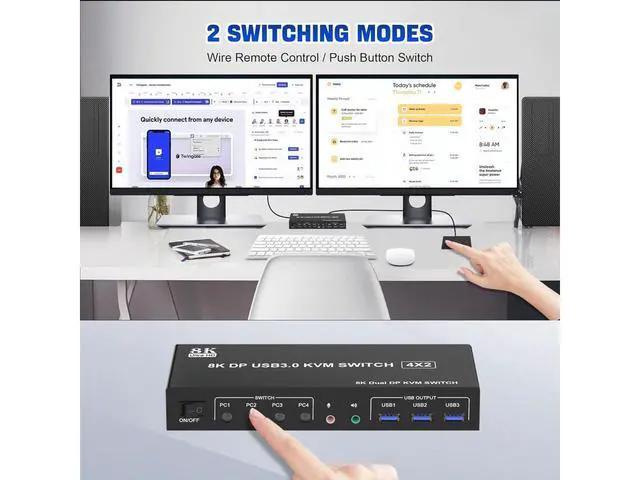 Alt view image 5 of 7 - 8K@60Hz USB 3.0 Displayport KVM Switch 2 Monitors 4 Computers, Dual Monitor KVM Switch 4 in 2 Out with Audio Output and 3 USB 3.0 Ports, 4 Port Dual Monitor Displayport KVM Switch for 4 Computers