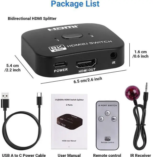 Main image of 2 Ports HDMI Switch 8K@60Hz/4K@120Hz Splitter, Bi-Directional HDMI Switch Hub, 8K HDMI Switch 2 in 1 Out or HDMI Splitter 1 in 2 Out, with Power Cable and IR Remote Control eokCXOY