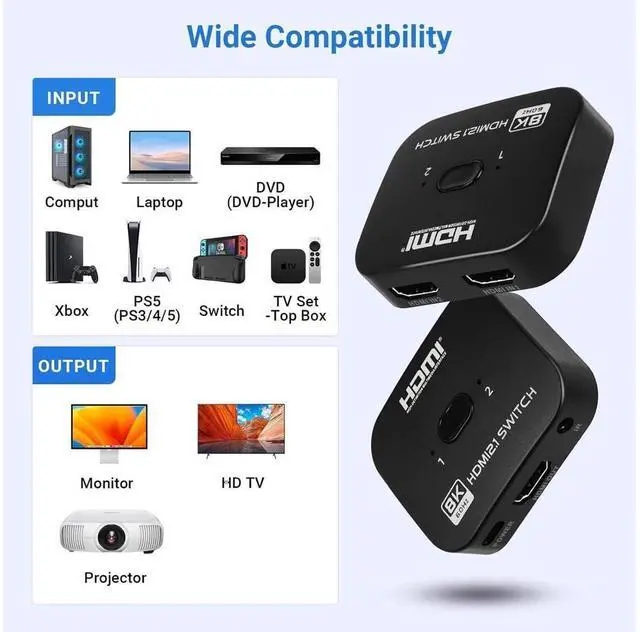 Alt view image 5 of 7 - 2 Ports HDMI Switch 8K@60Hz/4K@120Hz Splitter, Bi-Directional HDMI Switch Hub, 8K HDMI Switch 2 in 1 Out or HDMI Splitter 1 in 2 Out, with Power Cable and IR Remote Control eokCXOY