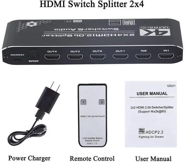 Alt view image 7 of 7 - 4K HDMI Splitter 2x4, HDMI Switch 2 in 4 Out Switcher Box with Audio Extractor and IR Remote Control, Support Ultra 4K HDR,4Kx2K@60Hz, 3D, 1080P,HDMI 2.0b, HDCP 2.2 eokCXOY