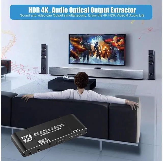 Alt view image 6 of 7 - 4K HDMI Splitter 2x4, HDMI Switch 2 in 4 Out Switcher Box with Audio Extractor and IR Remote Control, Support Ultra 4K HDR,4Kx2K@60Hz, 3D, 1080P,HDMI 2.0b, HDCP 2.2 eokCXOY