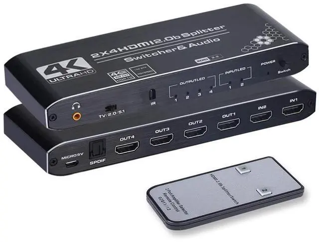 Main image of 4K HDMI Splitter 2x4, HDMI Switch 2 in 4 Out Switcher Box with Audio Extractor and IR Remote Control, Support Ultra 4K HDR,4Kx2K@60Hz, 3D, 1080P,HDMI 2.0b, HDCP 2.2 eokCXOY