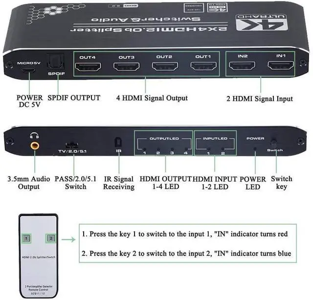 Alt view image 2 of 7 - 4K HDMI Splitter 2x4, HDMI Switch 2 in 4 Out Switcher Box with Audio Extractor and IR Remote Control, Support Ultra 4K HDR,4Kx2K@60Hz, 3D, 1080P,HDMI 2.0b, HDCP 2.2 eokCXOY