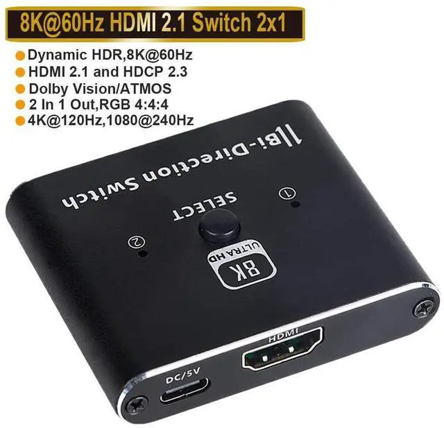 Main image of 8K 4K 120Hz HDMI 2.1 Switcher Splitter, Bi-Directional 1x2/2x1 , 2 Port HDMI Switcher Selector Box , Supports 8K@60Hz, 4K@120Hz, 4K@60Hz 48Gbps High Speed for PS4/5 Roku Xbox TV Monitor eokCXOY