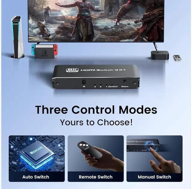 Alt view image 6 of 7 - 3 Ports 8K HDMI 2.1 Switch 3 in 1 Out 4K@120Hz 8K@60Hz HDMI Switcher Splitter with Remote, Support VRR ALLM Auto-Switching HDR 10 Dolby Vision/Avmos, for PS5/4, Xbox, PC, Apple-TV eokCXOY