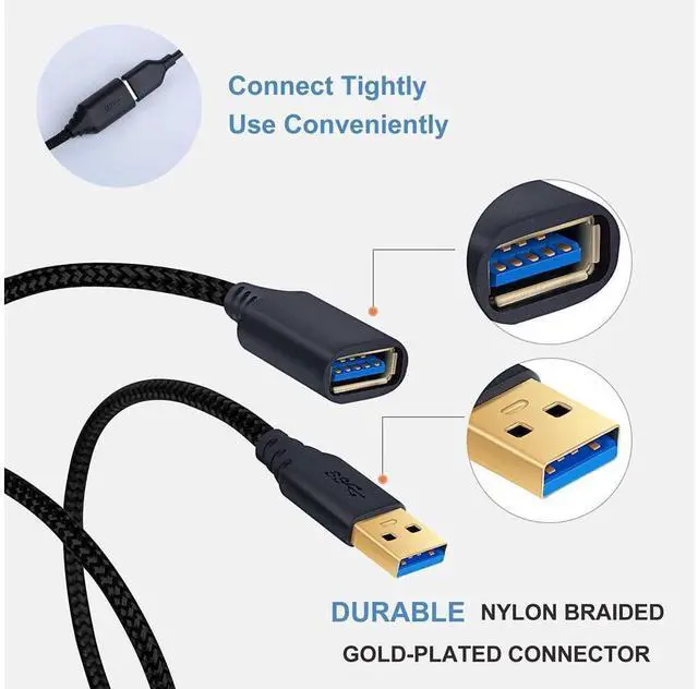 Alt view image 3 of 7 - USB Extension Cable 16FT, 1 Pack USB 3.0 Extension Cable Extender Cord Type A Male to A Female Nylon Braided with Gold Plated Connector for Playstation/PS4, USB Flash Drive/Hard Drive (Black, 5M)