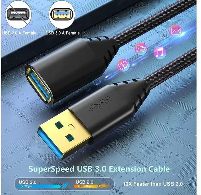 Alt view image 2 of 7 - USB Extension Cable 16FT, 1 Pack USB 3.0 Extension Cable Extender Cord Type A Male to A Female Nylon Braided with Gold Plated Connector for Playstation/PS4, USB Flash Drive/Hard Drive (Black, 5M)