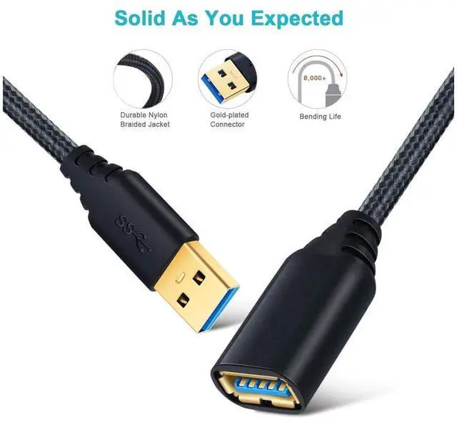 Alt view image 5 of 7 - USB Extension Cable 16FT, 1 Pack USB 3.0 Extension Cable Extender Cord Type A Male to A Female Nylon Braided with Gold Plated Connector for Playstation/PS4, USB Flash Drive/Hard Drive (Black, 5M)