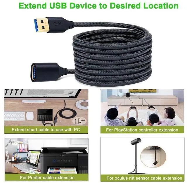 Alt view image 7 of 7 - USB Extension Cable 16FT, 1 Pack USB 3.0 Extension Cable Extender Cord Type A Male to A Female Nylon Braided with Gold Plated Connector for Playstation/PS4, USB Flash Drive/Hard Drive (Black, 5M)