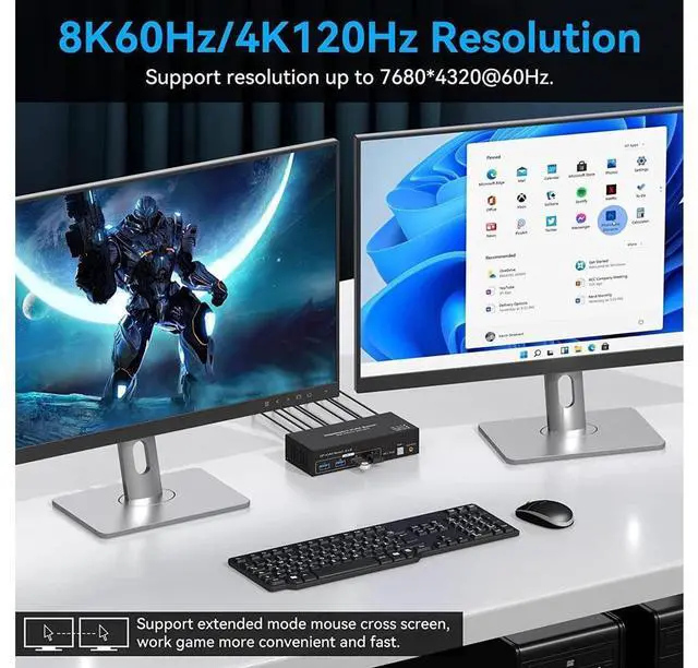 Alt view image 5 of 7 - 2 Port Dual Monitor Displayport KVM Switch, 2 in 2 Out DP1.4 KVM Switch for 2 Computers 2 Monitors Share Keyboard Mouse Printer Support 4K @120HZ 8K @60HZ with 4 Port USB 3.0 Support Desktop Control