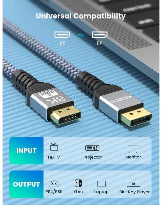 Alt view image 7 of 7 - DisplayPort 1.4 Cable 6.6ft / 2M, 8K DP Cable 32.4Gbps 8K@60Hz 4K 144Hz 2K@165Hz 1080P@240hz, 8K Ultra High Speed HDR, HBR3 Nylon Braided Display Port Cable for Laptop, PC, TV, Gaming Monitor eokCXOY