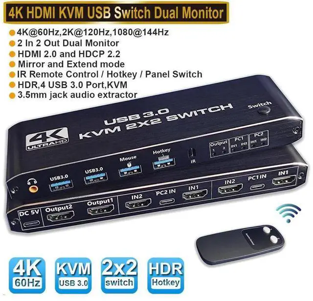 Main image of Dual Monitor HDMI KVM Switch 2 PCs 2 Monitors, 4K @60Hz HDMI KVM Switch 2 Port Extended Display, HDMI KVM Switch 2 in 2 Out with 3.5mm Audio, Support 4 USB 3.0 Share Keyboard Mouse Printer with Hotkey