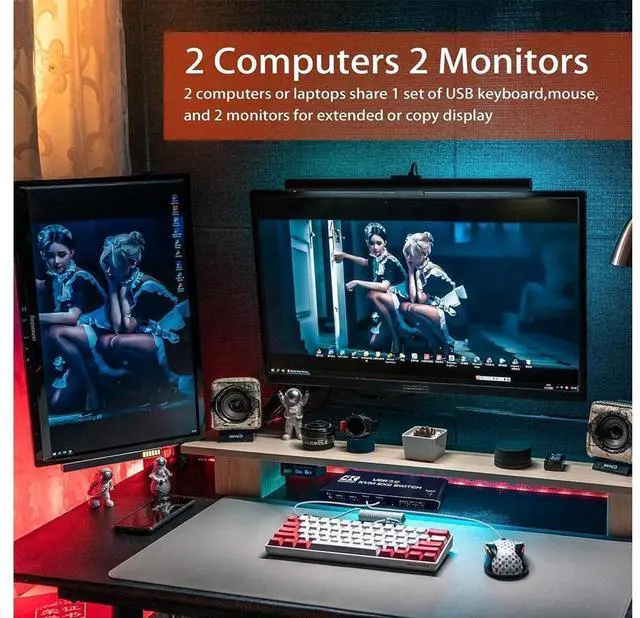 Alt view image 2 of 7 - Dual Monitor HDMI KVM Switch 2 PCs 2 Monitors, 4K @60Hz HDMI KVM Switch 2 Port Extended Display, HDMI KVM Switch 2 in 2 Out with 3.5mm Audio, Support 4 USB 3.0 Share Keyboard Mouse Printer with Hotkey