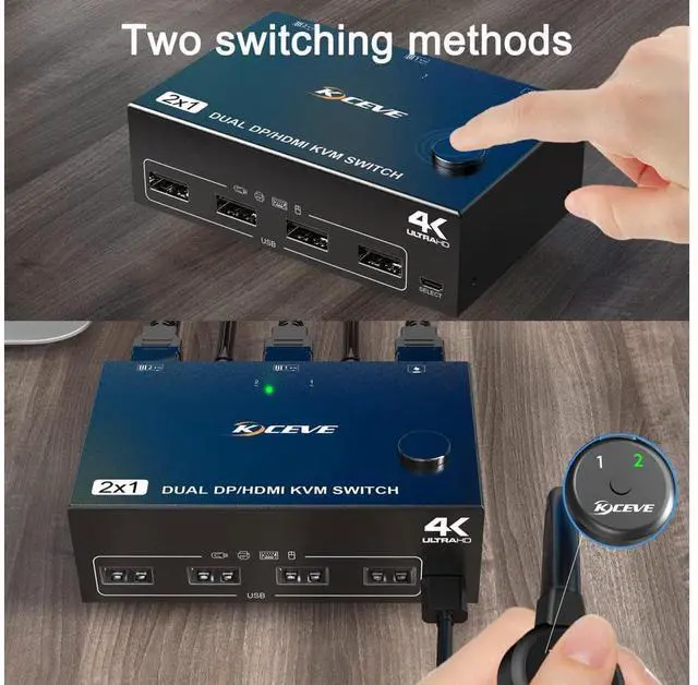 Alt view image 4 of 7 - Dual Monitor Displayport+HDMI KVM Switch 4K@60Hz,2K@120Hz, HDMI DP Extended Display Switcher USB KVM Switch for 2 Computers Share 2 Monitors and 4 USB 2.0 Ports,Wired Remote and 4 Cables Included