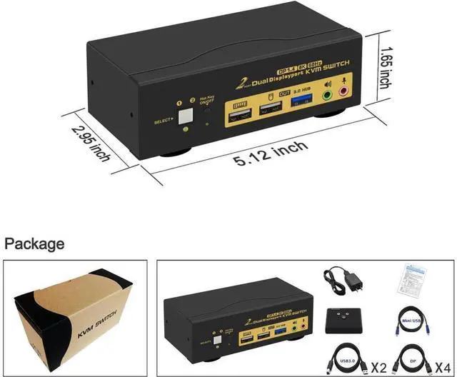Alt view image 7 of 7 - 2 Port Displayport KVM Switch, Dual Monitor DisplayPort 1.4 USB 3.0 KVM Switch for 2 Computers 2 Monitor 4K@144Hz 8K@30Hz, PC Screen Keyboard Mouse Peripheral Audio Sharing Selector, with All Cables