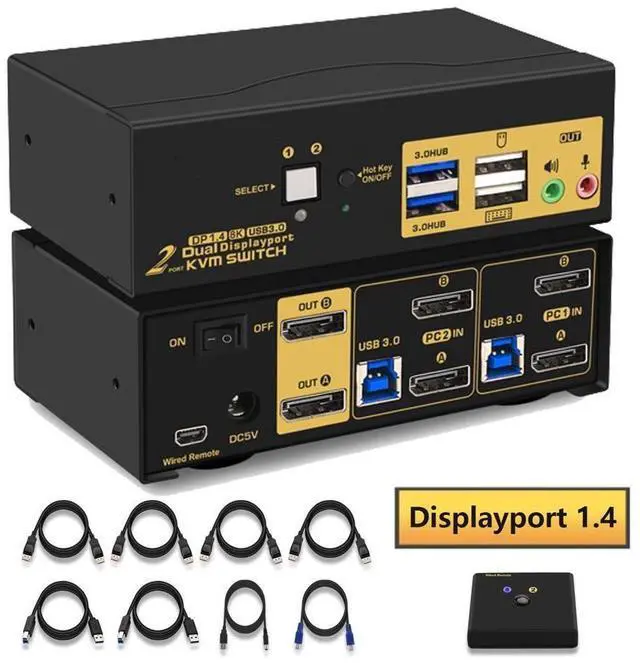 Main image of 2 Port Displayport KVM Switch, Dual Monitor DisplayPort 1.4 USB 3.0 KVM Switch for 2 Computers 2 Monitor 4K@144Hz 8K@30Hz, PC Screen Keyboard Mouse Peripheral Audio Sharing Selector, with All Cables
