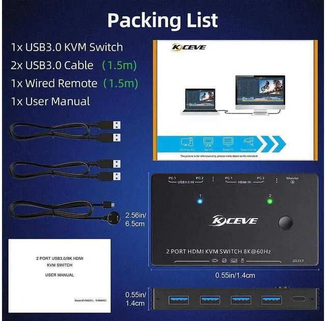 Alt view image 7 of 7 - 8K USB 3.0 KVM Switch HDMI 2 Port 8K @60Hz 4K @120Hz, HD-MI2.1 KVM Switch for 2 Computers Share 1 Monitor and 4 USB 3.0 Devices, HDCP 2.3, HDR 10, with Wired Remote and 2 USB 3.0 Cable eokCXOY