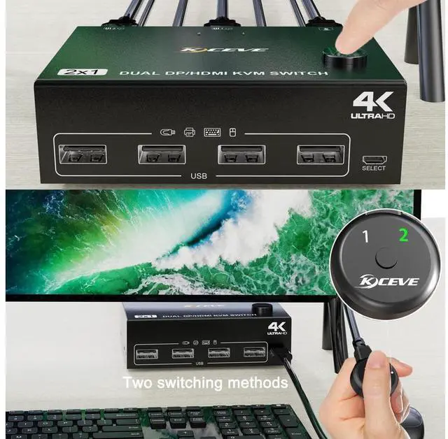 Alt view image 3 of 7 - Dual Monitor KVM Switch HDMI and DP 2 Port 4K @60Hz, Extended Display Switcher for 2 Computers Share 2 Monitors (1 Displayport and 1 HDMI) with 4 USB 2.0 Hub, Desktop Controller and USB HDMI DP Cables