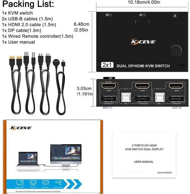 Alt view image 7 of 7 - Dual Monitor KVM Switch HDMI and DP 2 Port 4K @60Hz, Extended Display Switcher for 2 Computers Share 2 Monitors (1 Displayport and 1 HDMI) with 4 USB 2.0 Hub, Desktop Controller and USB HDMI DP Cables