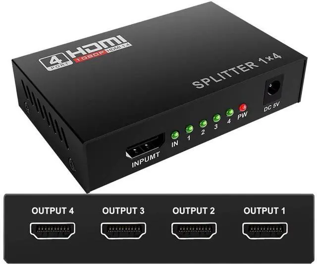 Main image of HDMI Splitter 1 in 4 Out V1.4 Powered 1x4 Ports Box Supports 4K @30Hz Full Ultra HD 1080P 3D Compatible with PC STB Xbox PS4 Fire Stick Roku Blu-Ray Player TV HDTV (1 Input to 4 Outputs) eokCXOY