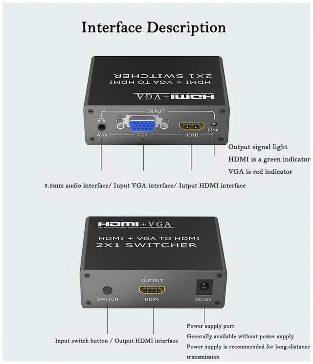 Alt view image 5 of 7 - 1080P VGA + HDMI Video Switch 2 In 1 Out VGA + HDMI Input HDMI Output with 3.5 Audio Output 2 Devices Share One Display