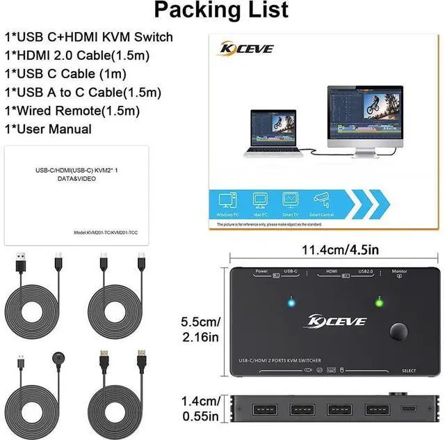 Alt view image 6 of 7 - USB Type-C HDMI KVM Switch 4K@60Hz, USB C +HDMI Switch for 2 Computers Share 1 Monitor and 4 USB Devices,Compatible with Thunderbolt 3, with 100 W Power Delivery, Wired Remote and 3 Cables Included