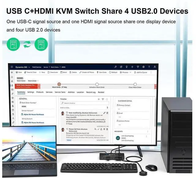 Alt view image 4 of 7 - USB Type-C HDMI KVM Switch 4K@60Hz, USB C +HDMI Switch for 2 Computers Share 1 Monitor and 4 USB Devices,Compatible with Thunderbolt 3, with 100 W Power Delivery, Wired Remote and 3 Cables Included