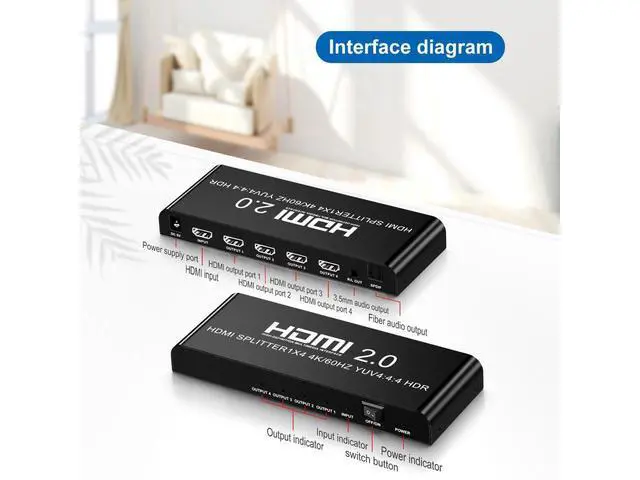 Alt view image 3 of 7 - 4K@60fs HDMI Splitter 1x4 HDMI 2.0 Splitter 4 Display (Same Time) 3.5mm Audio Output Optical SPDIF Toslink with Power Supply for HDTV Blu-ray DVD HD-DVD Players PS3 PS4 XBOX PC laptop eokCXOY