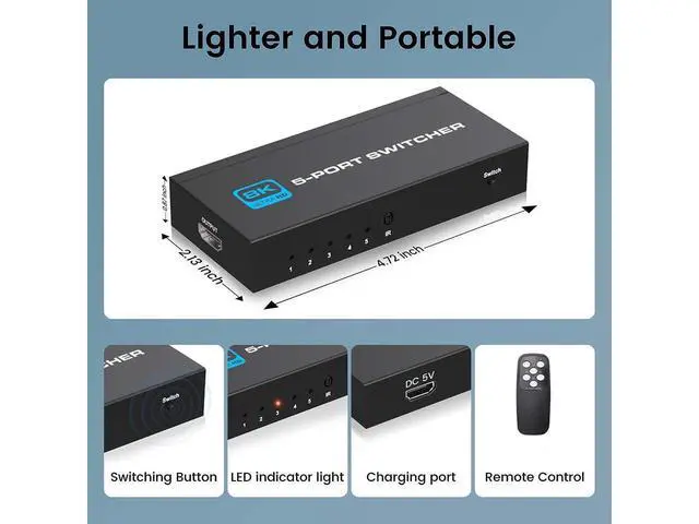 Alt view image 7 of 7 - HDMI 2.1 Switch 5X1, Ultra HD 8K HDMI Switch Box with Remote Supports 4K@120Hz, 8K@60Hz Auto CEC 3D HDCP2.3, 5 Port HDMI Switcher Compatible with PS5/4/3, Xbox,Fire Stick, TV,Projectors eokCXOY