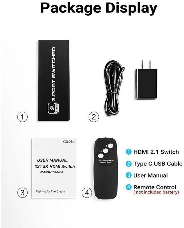 Alt view image 7 of 7 - 8K HDMI 2.1 Switch, 3X1 HDMI Switch with IR Remote Control, 4K @120hz HDMI Switcher Box 8K@60Hz/4K@30Hz, 48Gbps, Support for Nintendo Switch PS4/PS5, Xbox 360/One Fire tv Stick eokCXOY