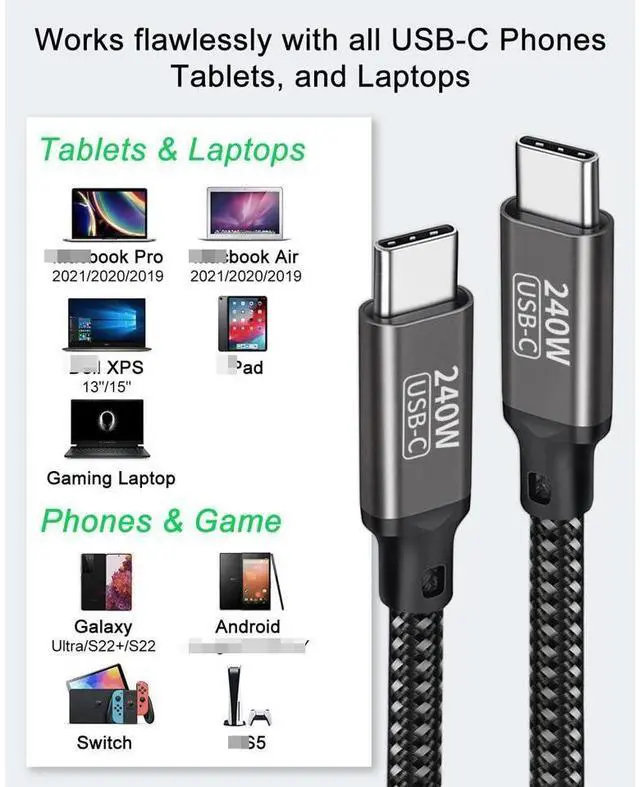 Alt view image 7 of 7 - USB C to USB C Cable 240W 6.6ft / 2M, Type C to Type C Cable, PD3.1 Fast Charging Cord Type C 48V 5A Nylon Braided Cable for M-a-c-B-o-o-k Pro i-P-a-d Pro Gal-axy S22/A10 Other USB C Devices