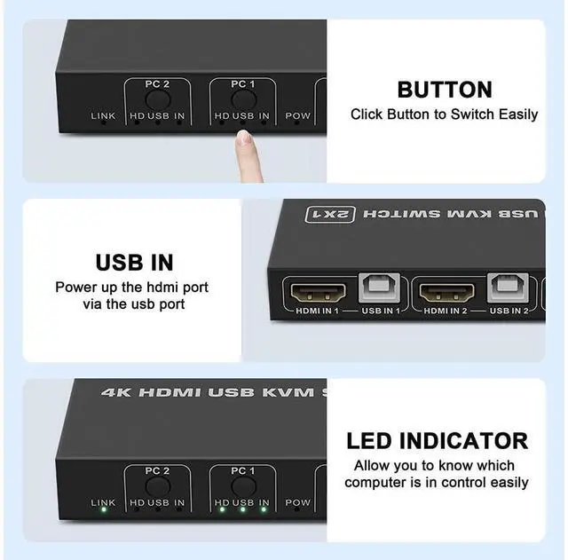 Alt view image 3 of 7 - KVM Switch HDMI 2 Port, USB and HDMI Switch for 2 Computers Share Keyboard Mouse Printer Monitor Support HUD 4K @30Hz for Laptop, PC, Xbox HDTV, with 2X USB Cable,1x Switch Button Cable eokCXOY