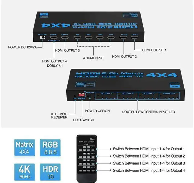 Alt view image 5 of 7 - 4K @60Hz True HDMI Matrix Switch 4x4 with EDID Extractor, 4 in 4 Out HDMI2.0 Matrix 4x2 2x4 4x4 with SPDIF & L/R 3.5mm HDMI-compatible Switch 4x2 Support HDCP 2.2 ARC, YUV 4:4:4 eokCXOY