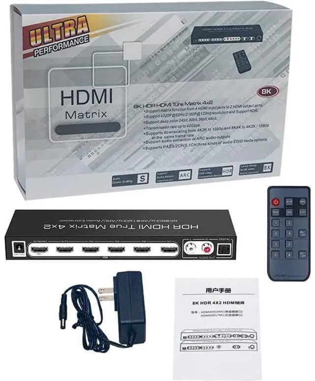 Alt view image 7 of 7 - 8K @60Hz HDR UHD HDMI Matrix Switcher 4x2, Dolby Version 48Gbps CEC ARC 8K 7680x4320P HDMI Splitter Switch 4 in 2 Out, 4K @120Hz VRR HDMI Matrix Support PS5 Xbox eokCXOY