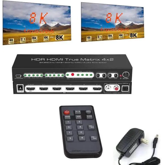 Main image of 8K @60Hz HDR UHD HDMI Matrix Switcher 4x2, Dolby Version 48Gbps CEC ARC 8K 7680x4320P HDMI Splitter Switch 4 in 2 Out, 4K @120Hz VRR HDMI Matrix Support PS5 Xbox eokCXOY