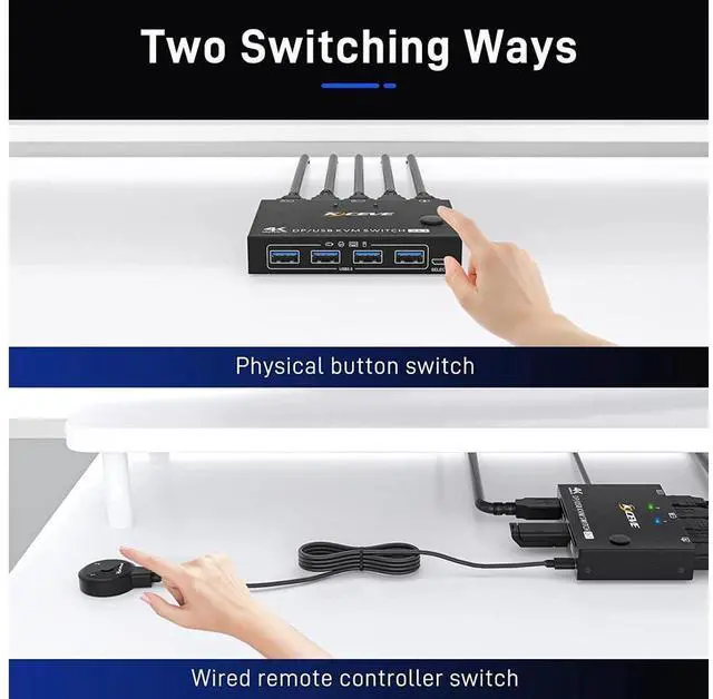 Alt view image 5 of 7 - 2 Ports Displayport KVM Switch Support 3440x1440 @144Hz,3840x2160 @60Hz for 2 PC 1 Monitor to Share 4 USB 3.0 Devices, USb 3.0 DP KVM Switch 2 in 1 Out Includes 2x USB 3.0 Cables and Wired Controller