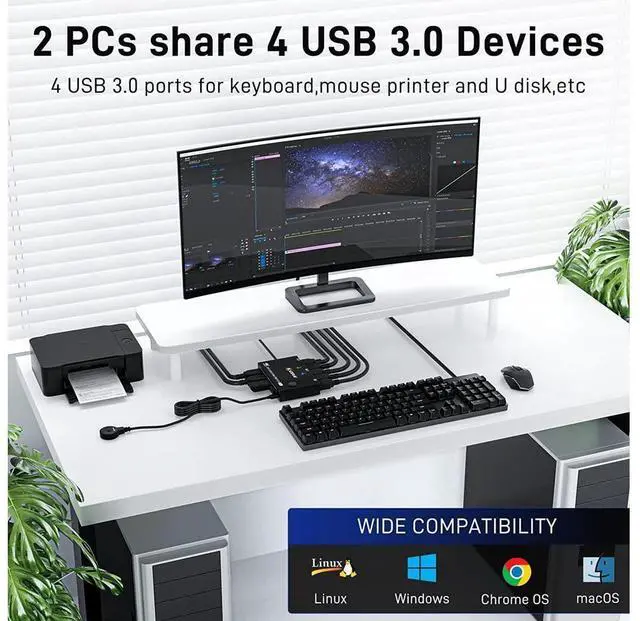 Alt view image 4 of 7 - 2 Ports Displayport KVM Switch Support 3440x1440 @144Hz,3840x2160 @60Hz for 2 PC 1 Monitor to Share 4 USB 3.0 Devices, USb 3.0 DP KVM Switch 2 in 1 Out Includes 2x USB 3.0 Cables and Wired Controller