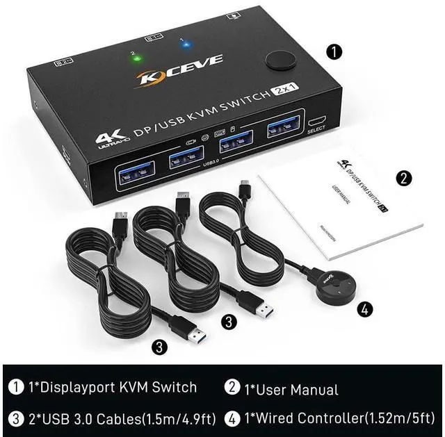 Alt view image 7 of 7 - 2 Ports Displayport KVM Switch Support 3440x1440 @144Hz,3840x2160 @60Hz for 2 PC 1 Monitor to Share 4 USB 3.0 Devices, USb 3.0 DP KVM Switch 2 in 1 Out Includes 2x USB 3.0 Cables and Wired Controller