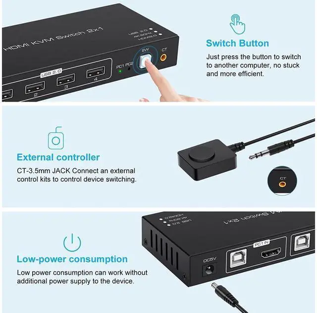 Alt view image 4 of 7 - KVM Switch HDMI 2 Port 4K @60Hz, 2 in 1 Out HDMI KVM Switch with 4 Port USB 2.0 for 2 Computers 1 Monitor Share Keyboard Mouse Printer Support Wired-Desktop Controller Including 2 USB 2.0 Cable