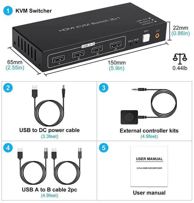 Alt view image 7 of 7 - KVM Switch HDMI 2 Port 4K @60Hz, 2 in 1 Out HDMI KVM Switch with 4 Port USB 2.0 for 2 Computers 1 Monitor Share Keyboard Mouse Printer Support Wired-Desktop Controller Including 2 USB 2.0 Cable