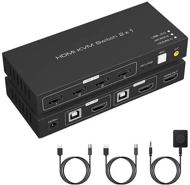Main image of KVM Switch HDMI 2 Port 4K @60Hz, 2 in 1 Out HDMI KVM Switch with 4 Port USB 2.0 for 2 Computers 1 Monitor Share Keyboard Mouse Printer Support Wired-Desktop Controller Including 2 USB 2.0 Cable