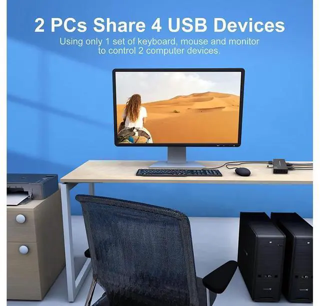 Alt view image 6 of 7 - KVM Switch HDMI 2 Port 4K @60Hz, 2 in 1 Out HDMI KVM Switch with 4 Port USB 2.0 for 2 Computers 1 Monitor Share Keyboard Mouse Printer Support Wired-Desktop Controller Including 2 USB 2.0 Cable