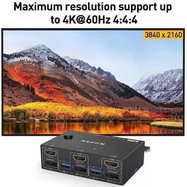 Alt view image 5 of 7 - 2 Port Displayport + HDMI Dual Monitor KVM Switch USB 3.0, HDMI DP Extended Display Switcher for 2 Computers Share 2 Monitors Support 4K @60Hz with 4 USB 3.0 Ports, Wired Remote and 4 Cables Included